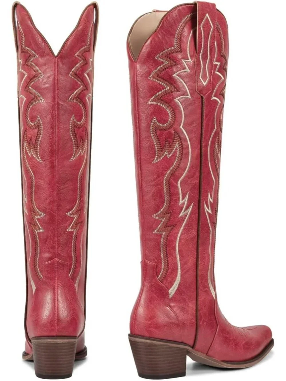 Women's Matte Red Chunky Heel Slip on Pointed Knee High Cowgirl Tall Boots